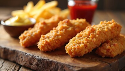 Crispy fried chicken strips served with fries mustard and ketchup on wooden board. Appetizing meal is suitable for various restaurant menus. Fast food concept perfect for ads.