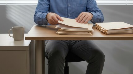 Efficient office worker organizing important business documents and files on a neat wooden desk