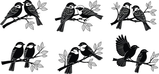 Set of bird couple silhouettes on branches, black and white vector illustration of loving animals for spring, nature, wedding, and romantic decor designs.