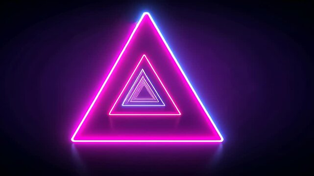 Moving camera revealing nested neon triangles receding into tunnel at stage, with floor reflections