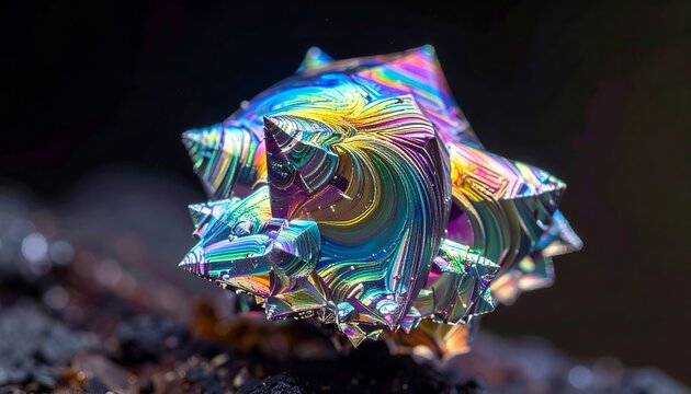 Macro shot of a prismatic, iridescent mineral crystal formation against a dark backdrop - Powered by Adobe