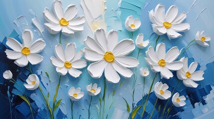 White cosmos impasto oil painting: yellow centers, slender stems, thick texture. Blue abstract background, palette knife marks, white highlight. Wallart