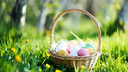 Vibrant easter basket brimming with colorful eggs nestled in lush green grass on spring day in scenic meadow cinematic holiday footage