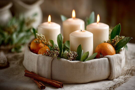 Rustikaler Adventskranz mit wei&szlig;en Stumpenkerzen, Orangen und winterlichen Naturmaterialien