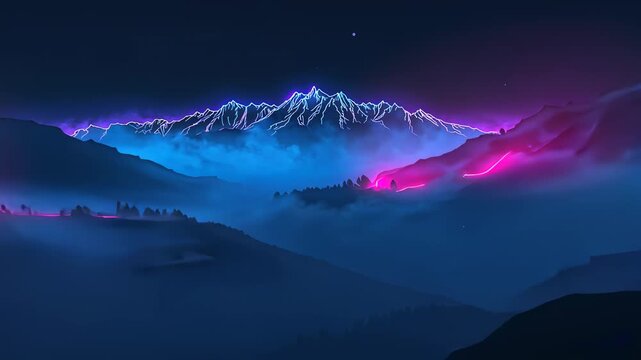 Brightening neon mountain ridge responding to frame shift, revealing magenta valley lights at night