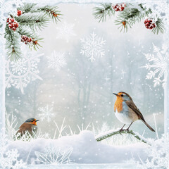 Winter Bird's Serenity: Two charming robins, nestled amidst a snowy landscape, perch gracefully on snow-covered branches. Delicate snowflakes gently descend, painting a serene winter scene.