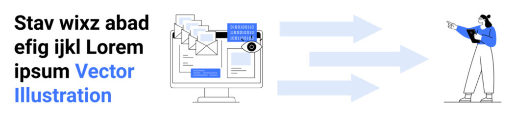 Computer sending emails, letters, and notifications to a person with directional arrows. Ideal for communication, marketing, business strategy, teamwork, digital tools, workflow processes simple