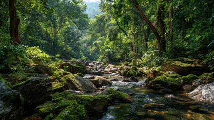 Lush forest scene with a clear stream running through moss-covered rocks.