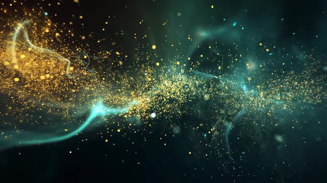 Flowing gold-teal band merging into bright core with glitter in dark void, internal forces driving