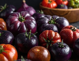 Heirloom tomatoes in shades of red, purple, and orange
