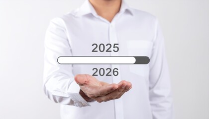 Person holding progress bar with years in white shirt