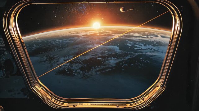 Showing ship window framing sun rising at Earth horizon in cabin, warming bolts seals moon streak