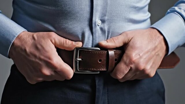 Close-up View Of A Sweaty Man Adjusting His Belt Wearing A Blue Dress Shirt And Dark Trousers Against A Neutral Gray Background With Studio Lighting