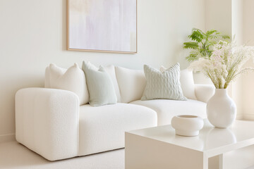 Fototapeta premium 2026 color trend. Modern white interior featuring a soft boucle modular sofa with decorative pillows, complemented by a minimalist coffee table and fresh greenery in a serene atmosphere