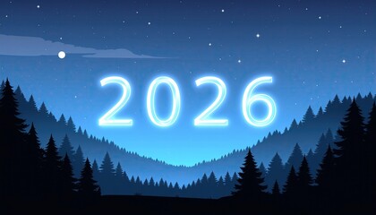 Year 2026 glows in a dark blue mountain landscape