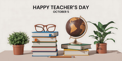 Happy teachers day october 5 display with books, globe, glasses, and plants, symbolizing education