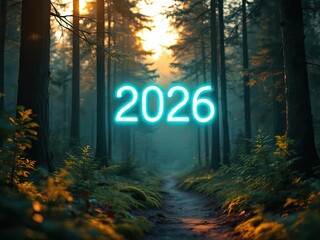 Glowing number 2026 in forest, path winding through trees