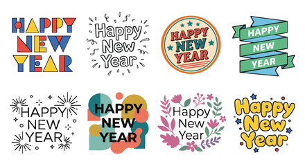 Naklejka premium Cheerful Happy New Year graphic elements for festive design and vibrant seasonal greetings