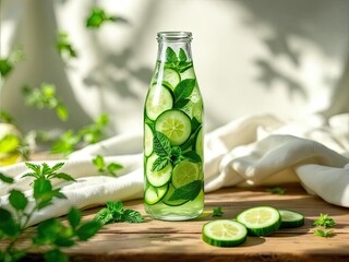 Cucumber water bottle on wood table in sunny setting