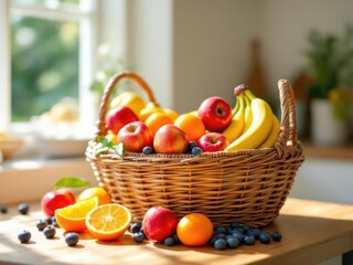 Basket of colorful fresh fruit in bright sunlight