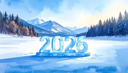 Winter scene with frozen 2025 letters on a lake