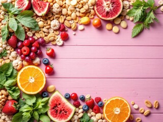 Colorful fruits and nuts arrangement on pink wooden surface