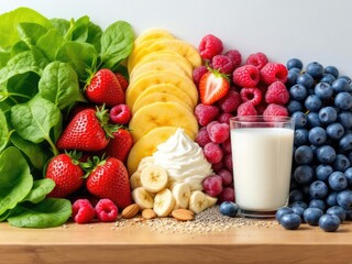 Colorful fresh fruit smoothie ingredients arrangement