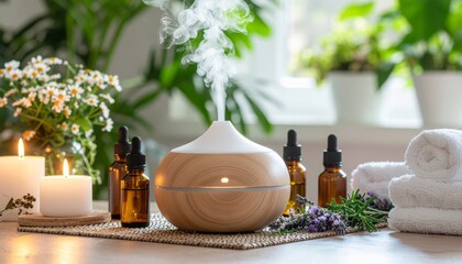 Aromatherapy essential oil diffuser emitting steam on a table with amber bottles, candles, and lavender.