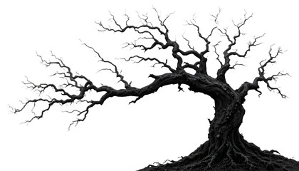 Roots of resilience. Ancient barren tree representing strength through adversity and time. Old white dead tree branch isolated on transparent PNG
