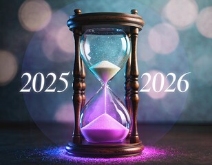 Hourglass with numbers, blue and purple, bokeh background