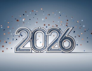 2026 silver metallic typography with confetti on gradient background