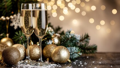 Two glasses of champagne with golden Christmas baubles and festive bokeh lights in the background.