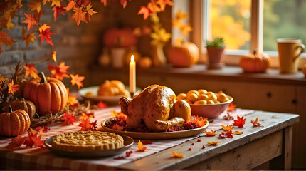 Cozy Autumn Thanksgiving Feast with Golden Roasted Turkey, Pumpkin Pie, Pumpkins, and Maple Leaves on a Rustic Table