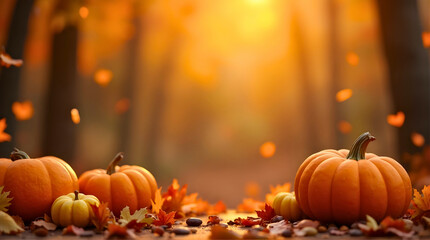 Harvest season arrangement of pumpkins and colorful autumn leaves bathed in golden sunlight with a bokeh forest backdrop.