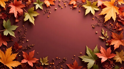 Vibrant Autumn Maple Leaves and Twigs Framing a Rich Maroon Background with Copy Space