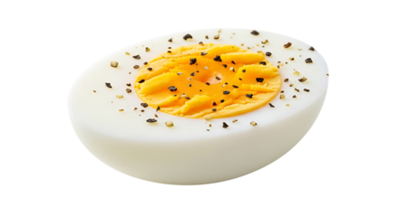 Half of a hard boiled egg with yolk and seasoning isolated on transparent background