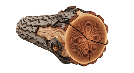 Close up of a tree stump cross section showing growth rings isolated on transparent background