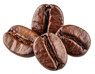 Four brown coffee beans, textured, isolated on black