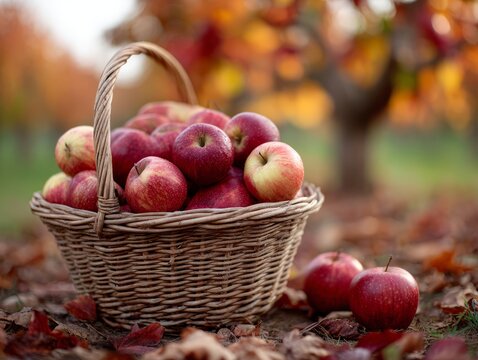 Basket full of fresh red apples in autumn orchard