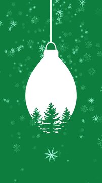 Christmas Background With Hanging Ornament And Falling Snow. Vertical Format Suitable For Social Media Stories And Holiday Greeting Cards. Minimalist Green And White.