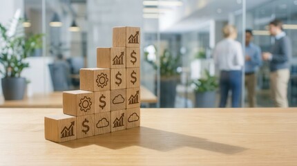 Wooden Blocks with Business Symbols in Modern Office Environment Representing Growth and Strategy