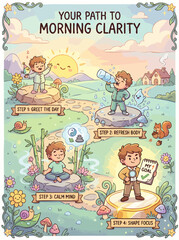 A whimsical illustration guides the viewer through a morning routine, emphasizing steps for clarity and well-being, promoting a positive start to the day.