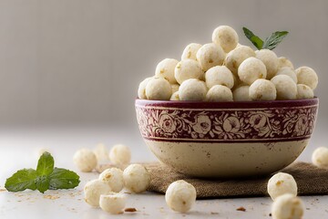 Elegant Floral Bowl with White Sweet Balls and Mint Garnish on Burlap Surface in Soft Natural Light Food Photography Setup