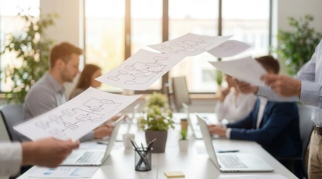 Dynamic business office workflow with flying process diagrams and busy team members - Powered by Adobe
