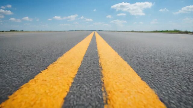 Starting camera filming paired yellow center lines on rural road, grass shoulders, sign, clouds