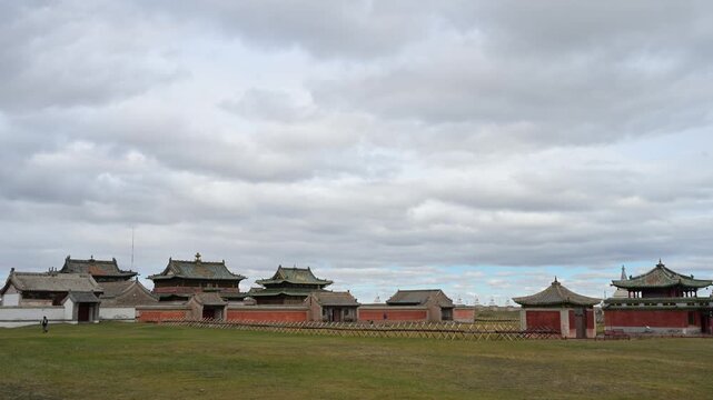 Wide view of Erdene Zuu Monastery, the oldest in Mongolia. Built in the 16th century near the ancient Karakorum ruins, the site features iconic white stupas under a vast sky.