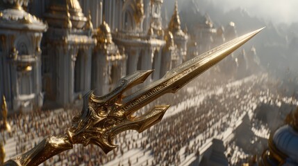 Golden Trident in Front of Majestic Architectural Scene