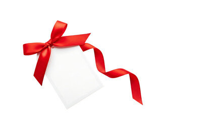 Blank white gift tag with red ribbon bow isolated on transparent background