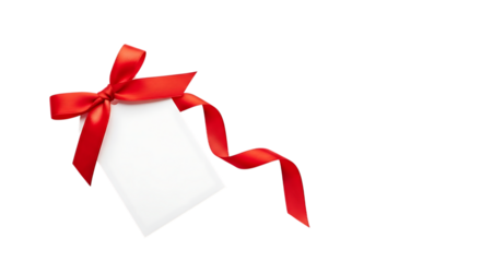 Blank white gift tag with red ribbon bow isolated on transparent background