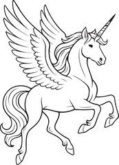 Black and white illustration of a winged unicorn with a spiraled horn and flowing mane standing on a line